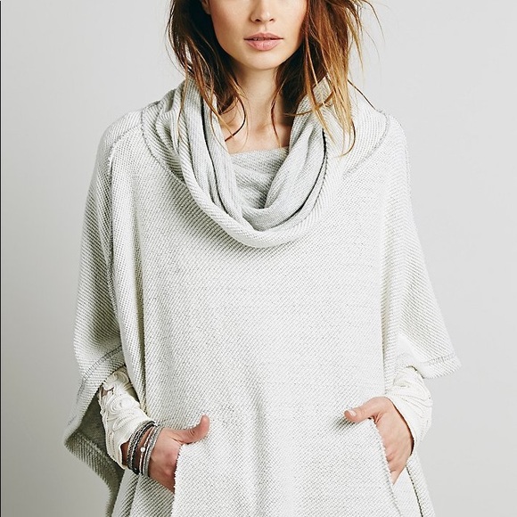 FREE PEOPLE • New Oh You Fancy Poncho M/L Heather Grey Cotton Beach Pullover - Picture 7 of 9